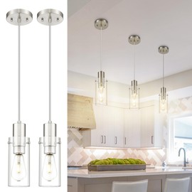 Emak Brushed Nickel Pendant Light Fixtures, Modern Mini Pendant Lights Kitchen Island with Clear Glass Shade, 2 Pack Hanging Light for Kitchen, Bathroom, Bedroom, PL120-BN-2PK