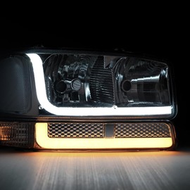 DimFlux LED DRL Headlight Headlights Assembly Kit Compatible with 1999-2007 GMC Sierra/1999-2006 GMC Yukon, Fits 2007 Classic Models ONLY Headlight Replacement Headlamp Chrome Housing Clear Reflector