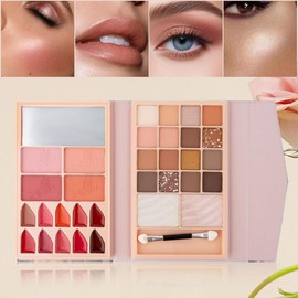 All-in-One Makeup Kit – 4 Blushes, 10 Lipsticks, 2 Highlighter Discs, 16 Eyeshadows, 1 Mirror & Brush | Complete Set for Gorgeous, Long-Lasting Looks