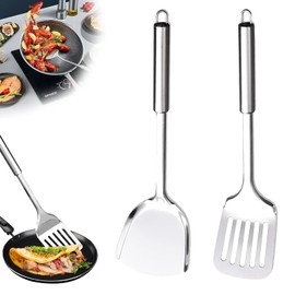 Spatulas for Cooking, Spatula, 2 Pcs Silver Stainless Steel Spatula Set, Slotted Turner and Solid Turner, Cooking Utensils for Fish,Eggs,Pancakes, Dishwasher Safe