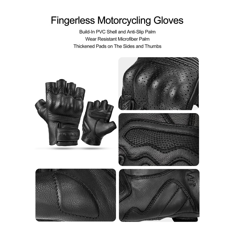 INBIKE Fingerless Motorcycle Gloves Summer Breathable Goatskin Leather Wear Resistant