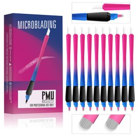 PMUBEAUTY 10Pcs Disposable Microblading pen sterilized 14 U-shaped 0.18mm Nano Blade Manual Eyebrow Pen Comfortable Rubber Grip with Pigment Sponge for Eyebrow Tattoo Permanent Makeup (14U 0.18mm)