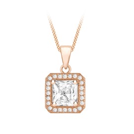 Tuscany Silver Women's Sterling Silver Rose Gold Plated 6 mm Square Cubic Zirconia 10 x 17 mm Pendant Curb Chain Necklace of Length 46 cm/18 Inch