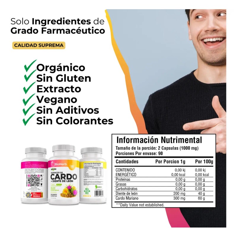 Suplemento Cápsula Bioherb Herbal Cardo Mariano Diente León 90g