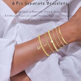 17 MILE 6 Pcs Gold Initial Bracelets Set for Women Trendy, 14K Real Gold Plated Stackable Chain Bracelets Adjustable, Dainty Stretch Beaded Letter Bracelet for Gifts (Q-Gold)