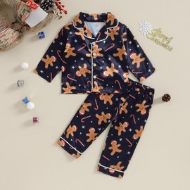 Kayotuas Kids Christmas Pajamas Girls Gingerbread Elf Candy Cane Button Down Shirt & Pants Cute Toddler Pajama Set Sleepwear (Navy Blue, 2-3 Years)