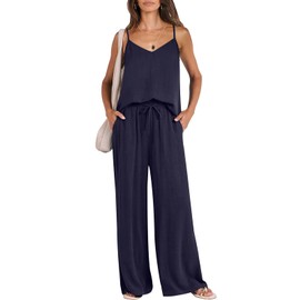 ANRABESS Women's 2 Piece Linen Lounge Set Casual Matching Pants Jumpsuit Summer Beach Travel Vacation Trendy Outfits Navy Blue Small