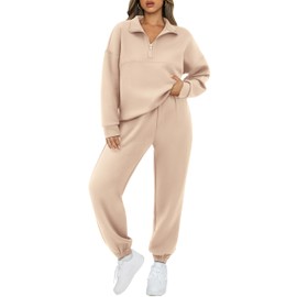 BTFBM Womens 2 Piece Sweatsuit Sets Fall Outfits Tracksuits 2024 Long Sleeve Half Zip Sweatshirt Sweatpants Lounge Set(Solid Light Khaki,Large)