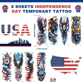 8 Sheets Independence Day Temporary Tattoos, USA Flag Patriotic Waterproof Sleeve Tattoos, Red White Blue Party Supplies Temp Tattoo Kits 4th of July Memorial Day, Veterans Day, Summer Festivals