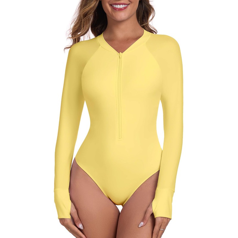 RELLECIGA Women's Lemon Yellow Long Sleeve Rash Guard One Piece