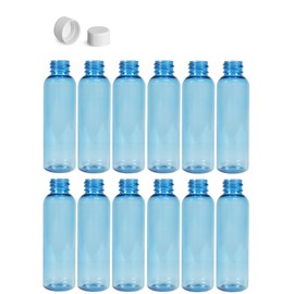 Premium Essential Oil 2 Ounce Cosmo Round Bottles, PET Plastic Empty Fillable BPA-Free, with White Ribbed Lined Non-Dispensing Caps (Pack of 12) (Light Blue)
