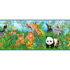 CONCORD WALLCOVERINGS ™ Wallpaper Border Animal Pattern Jungle Coalas Pandas Monkeys for Kid's Bedroom Playroom, Green Blue Red Yellow, 9 Inches by 15 Feet KZ1211