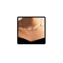 Wedity Boho Necklaces with Star and Moon Pentagram Pendant Choker Necklace Crescent Moon Necklace Adjustable Jewelry for Women and Girls (2-Layer Silver)