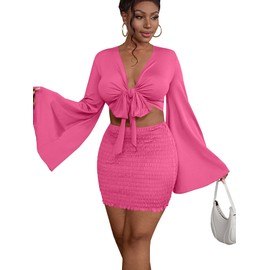 LYANER Women's 2 Piece Outfits Tie Knot Front Bell Long Sleeve Crop Top and Mini Skirt Set Rose Large
