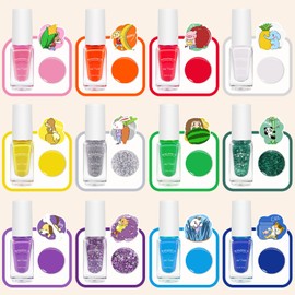 wakaniya Kids Nail Polish - Nail Polish Set for Girls 12 Rainbow Colors Toddler Nail Polish Kit with Nail Stickers, Water Based Natural Safe NonToxic Peel Off Kid Nail Polish Nail Art Set for Girls 5+