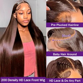 32 Inch Chocolate Brown Lace Front Wig Human Hair 200 Density Brown Wig Human Hair 13x6 Transparent HD Straight Lace Front Wigs Human Hair Pre Plucked Wigs for Women Colored Frontal Wigs Human Hair