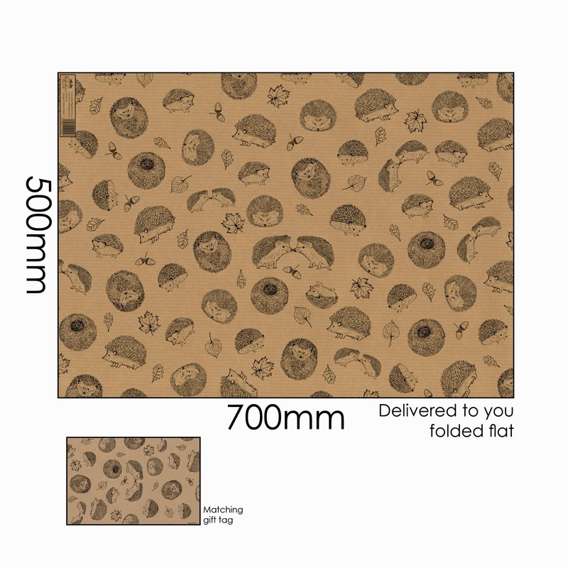 Hedgehog Wrapping Paper. Hedgehog Kraft Wrap. 2 Sheet 2 Tag