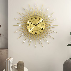 JTWALCLOCK Large Wall Clock for Living Room Decor Big Modern Golden Crystal Silent Wall Clock Battery Operated Non-Ticking Metal Unique Decorative Wall Clocks for Bedroom Kitchen Office Indoor 24 Inch