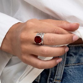 JEAN RACHEL JEWELRY 925 Sterling Silver Ring - Curb Chain Vintage Design with Cushion Shaped Cubic Zirconia - Hypoallergenic, Lead & Nickel Free - Artisan Handcrafted Statement Rings for Women, Garnet