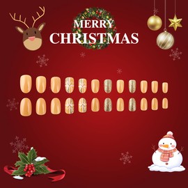 24 Pcs YEFIUO Christmas Orange Press on Nails Short Oval Almond Xmas Glitter Fake Nails Press ons Nail Art Tip Full Cover Acrylic False Nails Glue on Nails Stick on Nails Christmas Gift Box Bow Design