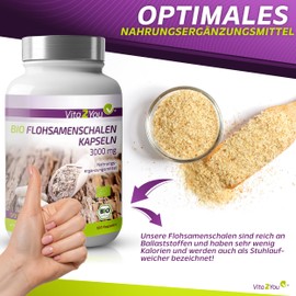 Vita2You Psyllium Husks Organic Capsules 3000 mg - 180 Capsules - 750 mg per Capsule - Indian Psyllium Husks High Dose - No Additives - Premium Quality