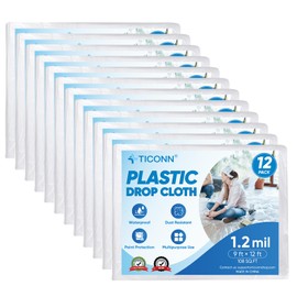 TICONN 12 x 9 Ft Plastic Drop Cloth for Painting, Waterproof Painters Plastic Sheeting, Painting Tarp for Furniture Cover, Floor Protection (12PK, 1.2Mil)