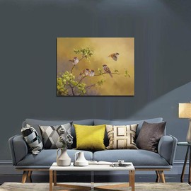 Sense&Sensitivity Arts-Bird Wall Art Sparrow Pictures Wall Decor Farmhouse Yellow Bird pictures Traditional chinese painting Canvas print for Living Room Kitchen Bedroom Bathroom Office and Hallway Wall Decor 32 x 24 Inch