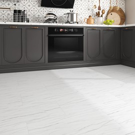 FunStick 12"x24" Peel and Stick Floor Tile White Marble Self Adhesive Vinyl Flooring Tiles Peel and Stick Wall Tiles for Bathroom Waterproof Marble Sticky Tiles for Kitchen RV Laminate Flooring 5 Pcs