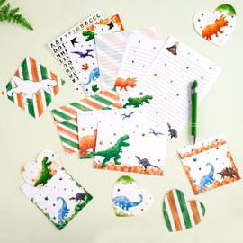 Dinosaur Writing Paper Set - 70 Pieces Writing Paper Set for Children Boys Christmas Birthday Gifts Letter Paper Envelopes Greeting Cards Stickers Ballpoint Pen