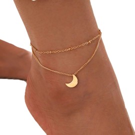 TseenYi Boho Moon Layered Anklet Bracelet Gold Satellite Chain Anklet Vintage Crescent Moon Anklet Small Beads Anklet Summer Beach Foot Jewellery for Women and Girls Gifts