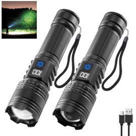 Huccbs 2 Pack Rechargeable Flashlights High Lumens, Super Bright Flash Light, 5 Modes Zoomable Linternas with LCD Digital Display, Powerful Handheld LED Flashlights for Emergencies Camping
