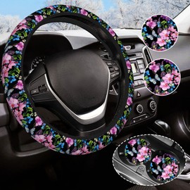 Beautiful Butterfly Steering Wheel Cover for Women Men with 2 Pcs Car Coasters, Universal 14.5-15 Inch Flowers Steering Wheel Covers Non-Slip Car Accessories for Girls
