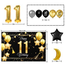 Happy 11th Birthday Balloons Gold Set Decor - Cheers to 11 Years Old Party Theme Garland Star Moon Banner Backdrop Decorations For Kids Supplies