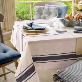 ColorBird French Stripe Tablecloth Cotton Linen Fabric Dust-proof Farmhouse Table Cover for Kitchen Dining Party Brunches (Rectangle/Oblong, 60 x 84 Inch, Navy)