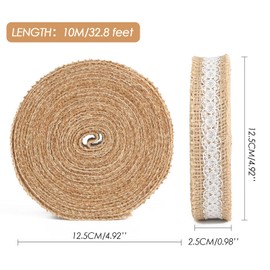 Jute Trim Burlap Ribbon, 10 Meters Natural Fringe Tape with Lace for Vintage/Rustic Themed Wedding Craft - 2.5CM