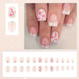 24Pcs Valentine's Day Heart Press on Nails Short French Tip Fake Nails Square Shape Press ons Press ons Valentines Heart with Rhinestones Design Full Cover False Nails Glue on Nails for Holiday Nails