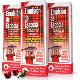 Emulsion de Escocia Cherry Flavor with Vitamins and Cod Liver Oil for Kids and Adults | Pleasant Taste | Immune and General Wellness Support | 6.5 Oz | 3-Pack