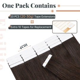 Elailite Tape-In Real Hair Extensions, 20 Pieces (1 g/pcs) Hair Extensions, Real Human Hair, Glue #2 Dark Brown (White Glue)