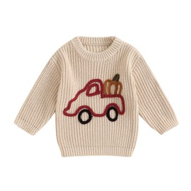 Geagodelia Unisex Baby Knit Sweater Long Sleeve Car Pumpkin Print Pullover Sweatshirt Toddler Boy Girl Fall Winter Clothes (Khaki, 18-24 Months)