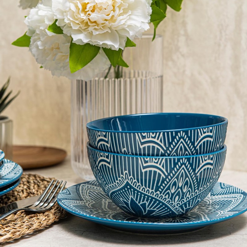 Bzyoo 12-Piece Ceramic Dinnerware Set: La La Mandala Blue Dish