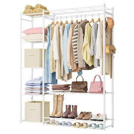 Wardrobe Closet,Portable Clothes Rack with 4 Tiers Shelves,Freestanding Closet Organizers and Storage System with Hanging Rods,Steel Clothing Rack Suitable for Cloakrooms,Bedrooms,Entrances,etc.White