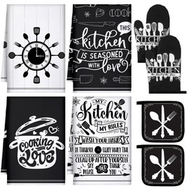 Leinuosen 8 Pcs Cooking Kitchen Towels and Oven Mitts Sets Pot Holders Dishcloths Set Kitchen Decorative Accessories Absorbent Gloves Potholders Heat Resistant for Chef Baking Cooking(Black and White)