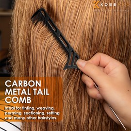 Kobe Professional Metal Pintail Comb - Black - Carbon Fibre Handle & Steel Tail, Shatter-Proof, Anti-Static, For Precision Sectioning, Barbers, Salon Hairdressers, Hair Styling Tools