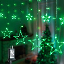 MYGOTO Green Star Icicle Lights,126LED 8.2FT Christmas String Lights with 8 Modes Waterproof,Clear Wire Plug Memory Timer Curtain Lights for St Patrick’s Day Holiday Yard Garden Decorations(Green)
