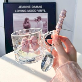 WQURC Girls Pink Bowknot Glass Cup, Tea Cup, Milk Cup, Mug for Home, Office, Bedroom (Cup + Spoon)