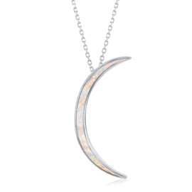 Sterling Silver Created White Opal Thin Crescent Moon Pendant 18" Chain/Necklace