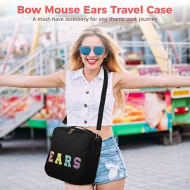 Bow Mouse Ears Travel Case, Theme Park Headband Carry Bag, Travel Shoulder Bag, Black Nylon Cosmetic Organizer with Inner Mesh Pocket