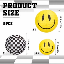 JarThenaAMCS 9Pcs One Happy Dude Paper Lanterns Yellow Smile Face and Checkered Round Hanging Lanterns for First Birthday Wedding Baby Shower Party Supplies, 3 Sizes