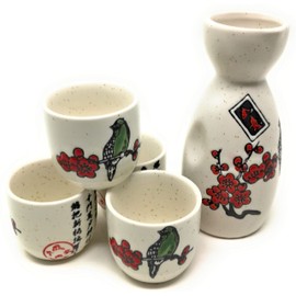 TJ Global 5-Piece Sake Set, Durable Ceramic Japanese Sake Set with 1 Carafe/Decanter/Tokkuri Bottle and 4 Ochoko cups for Sake at Home or Restaurant - Cherry Blossom with Bird and Calligraphy