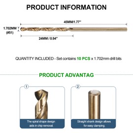 METALLIXITY 1.7mm Drill Bit (#51) 10Pcs, 4341 High-Speed Steel Straight Shank 118° Gold for Drilling Low-to-medium Hardness Metal Copper Aluminum Plastic Wood